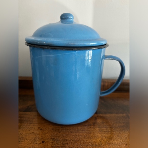 Vintage large enamelware mug with lid camping soup mug graniteware French blue - Picture 13 of 14